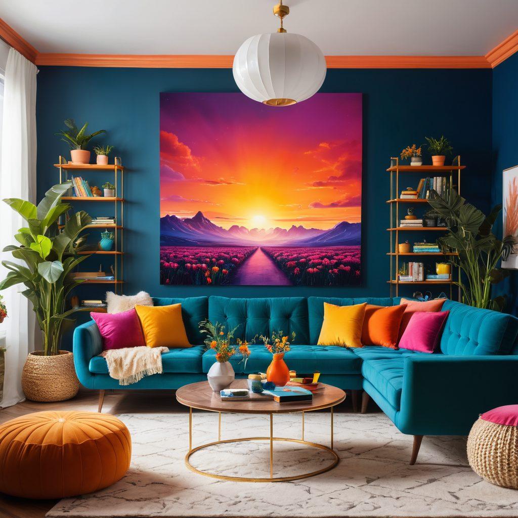 A vibrant, beautifully styled living room showcasing 10 unique furniture pieces, each representing a joyful transformative idea for home decor. Include a bright sofa with playful cushions, a chic coffee table, eclectic shelves adorned with plants, colorful artwork on the walls, and a cozy reading nook, all bathed in warm sunlight. The overall ambiance should evoke happiness and creativity, inviting the viewer to imagine their own space transformed. super-realistic. vibrant colors. bright background.