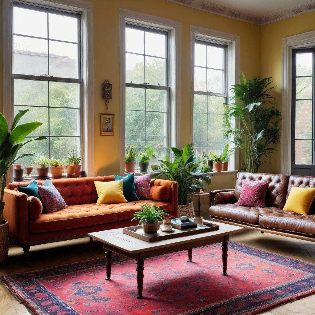 A beautifully styled room showcasing a seamless blend of modern and vintage furniture, featuring a sleek contemporary sofa alongside a classic, ornate wooden coffee table. Bright, cheerful colors accentuate the space, with vibrant cushions and a cozy rug, creating a warm atmosphere. Large windows let in natural light, illuminating the eclectic decor with plants and art pieces that represent both styles. super-realistic. vibrant colors. bright ambiance.